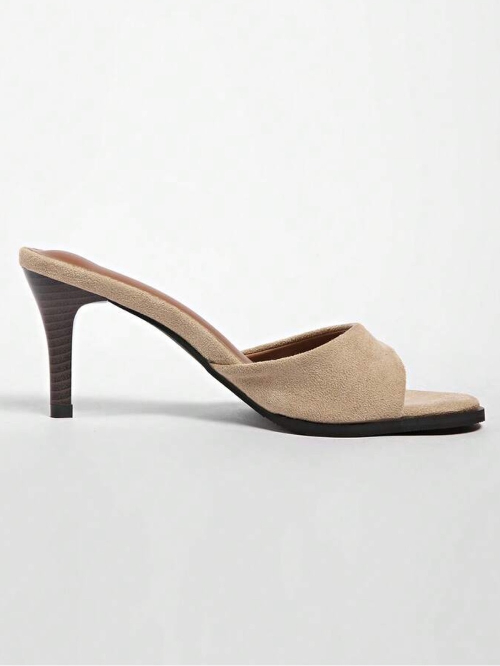 Light taupe Khaki faux Suede Open-Toe Mule Heels - Picture 3 of 3